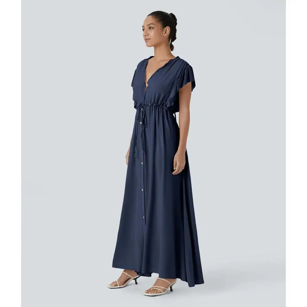 NWT Halara Deep V Neck Butterfly Sleeve Pocket Flowy Maxi Casual Dress Blue XL